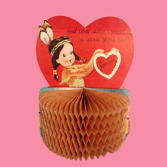 Vintage Valentine Honeycomb Card Standing Paper Puff Native American - Picture 3 of 7